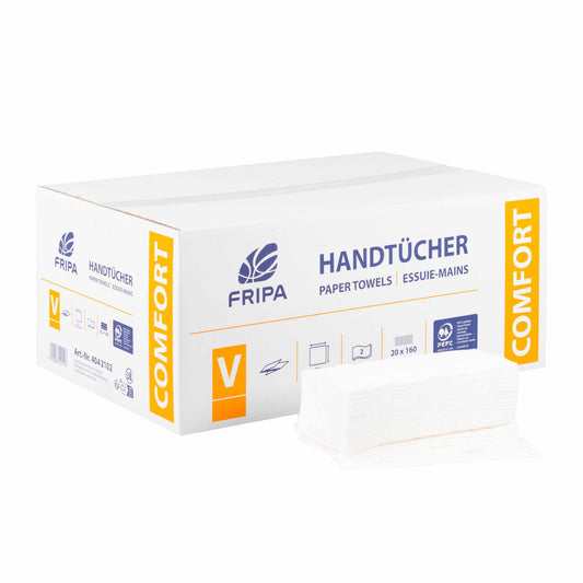 Karton, Handtuchpapier 2-lagig Fripa Comfort, V-Falz, 25 x 23 cm, Zellstoff, hochweiß