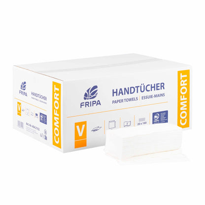 Karton, Handtuchpapier 2-lagig Fripa Comfort, V-Falz, 25 x 23 cm, Zellstoff, hochweiß