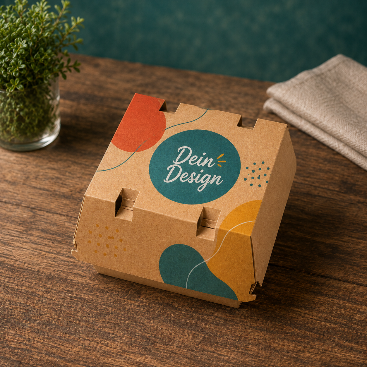 Hamburger-Boxen individuell bedruckt, Wellpappe, mit Dampfaustrittsöffnungen