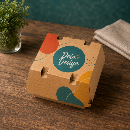 Hamburger-Boxen individuell bedruckt, Wellpappe, mit Dampfaustrittsöffnungen