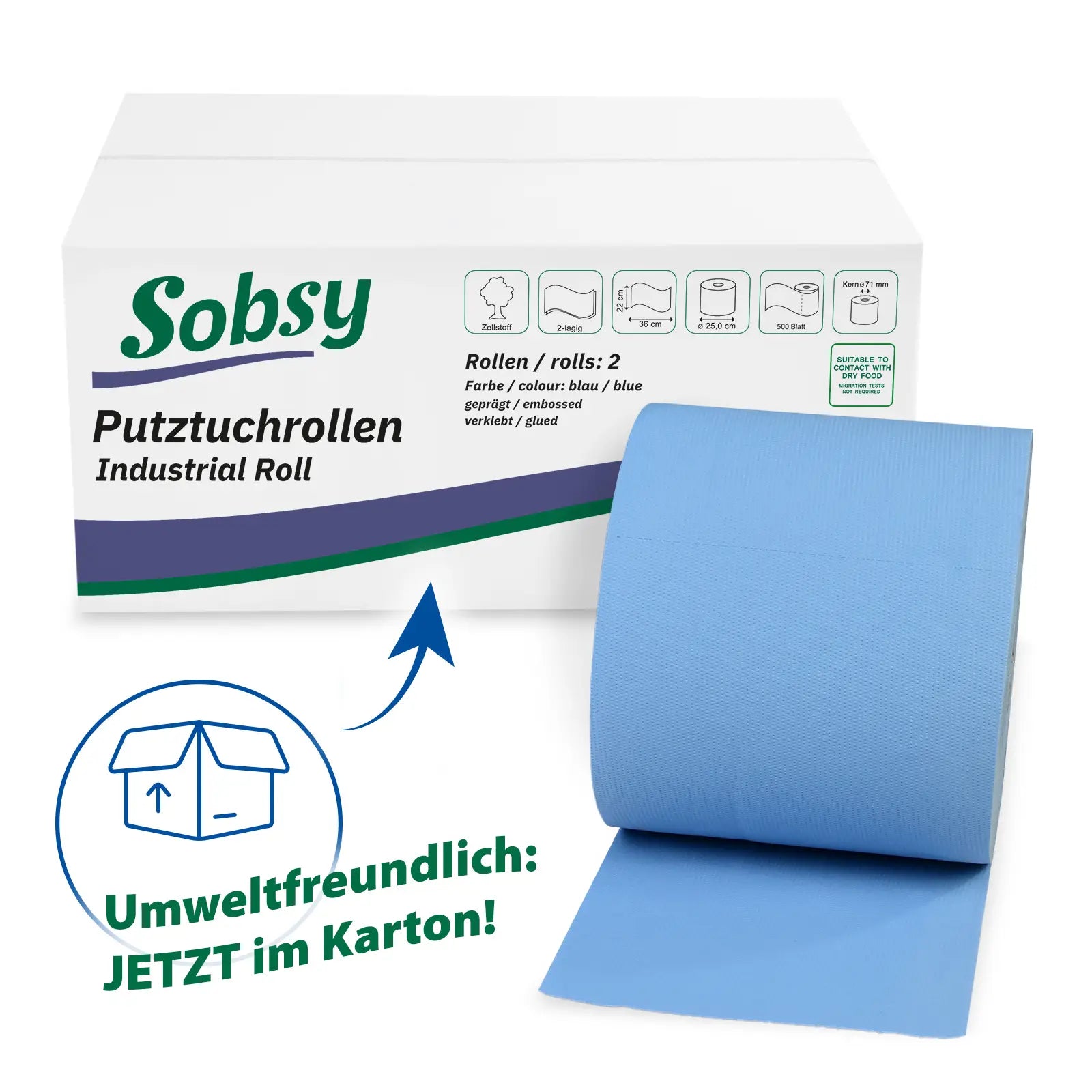 Putzrollen, 2-lagig, 22x33cm, Zellstoff-Mix, blau, 2x500 Blatt
