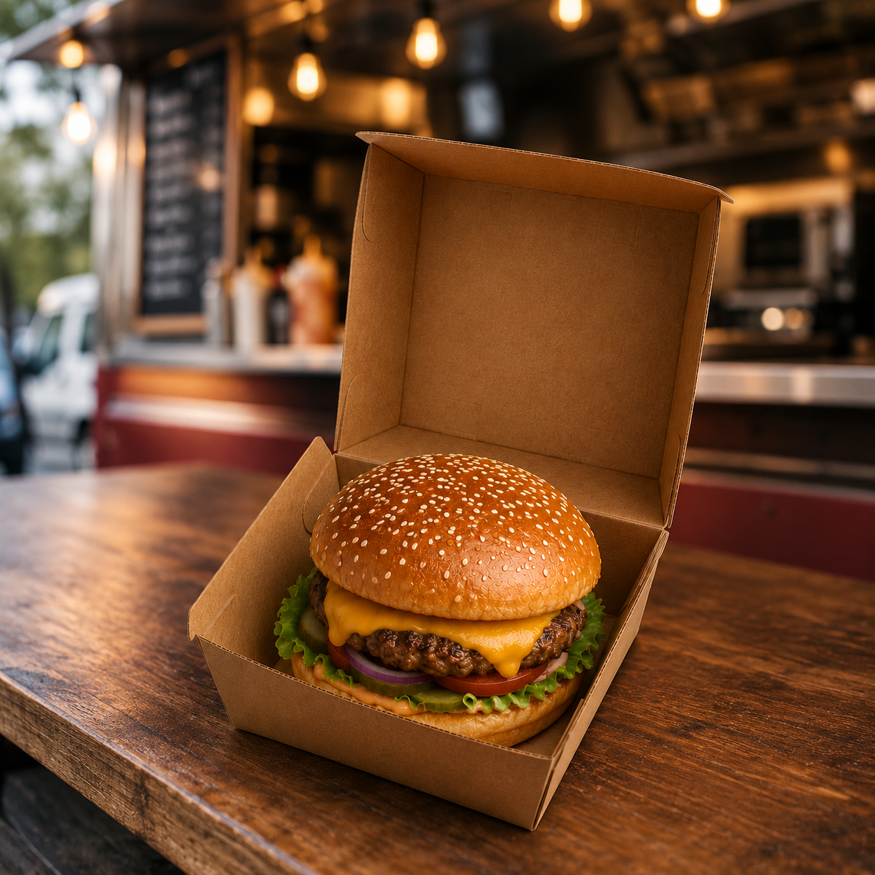 Burgerbox S, Wellpappe, 105 x 102 x 84 mm, in Anwendung